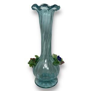 Vintage 40s Venetian Blue Blown Art Glass Vase Footed Bud 8 Inch Murano Italy